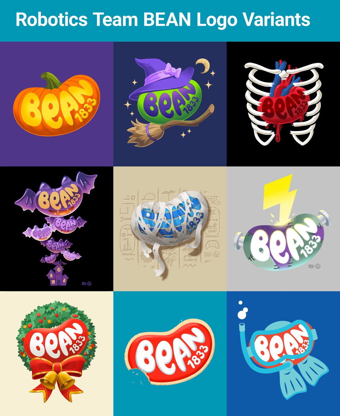 Variant designs of the Team BEAN logo for Halloween and Christmas