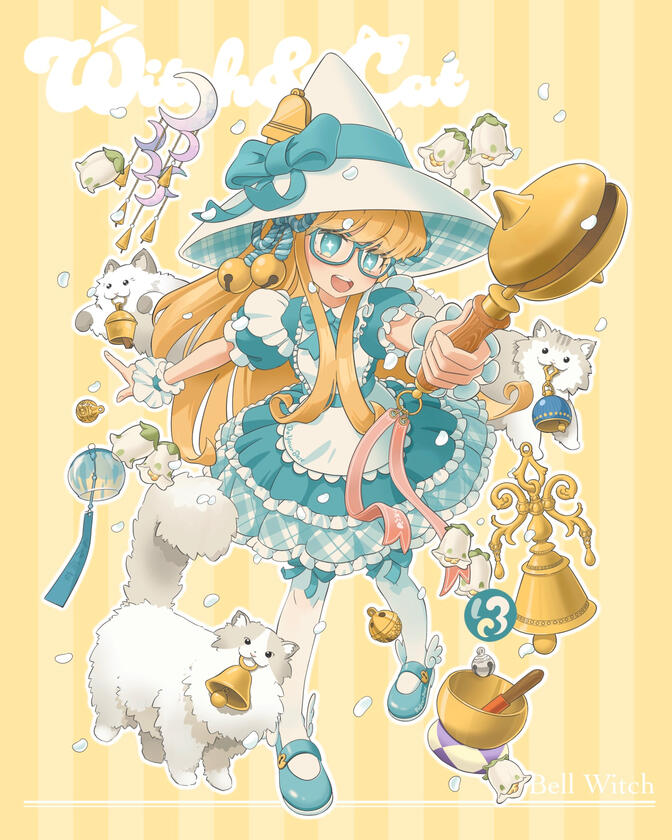A witch with a unique assortment of bells, bellflowers, and ultra fluffy cats.