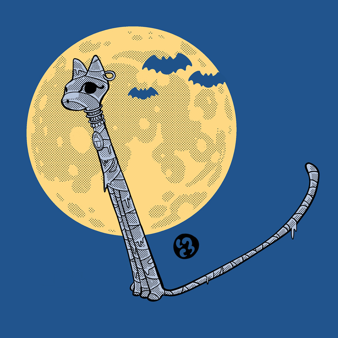 A cat mummy in front of a full moon.