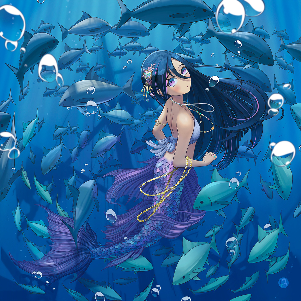 A mermaid holding jewelry swimming in a school of fish