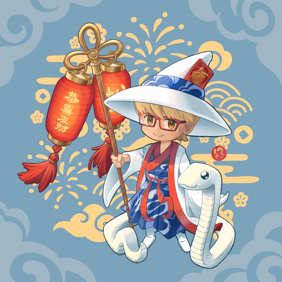2025 Year of the Snake A drawing of a witch wearing a hanfu holding a lantern that says 恭喜发财 and a white snake celebrating lunar new year.