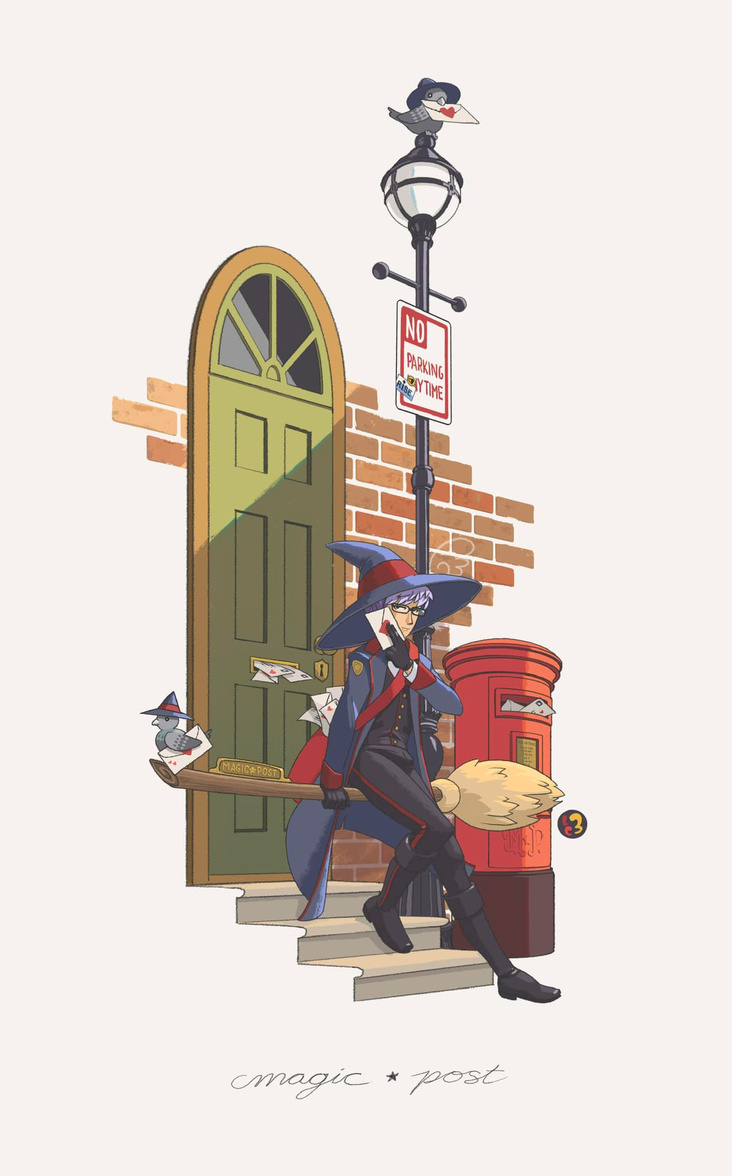 A witch postman and carrier pigeon helpers in front of a green door and red mailbox.