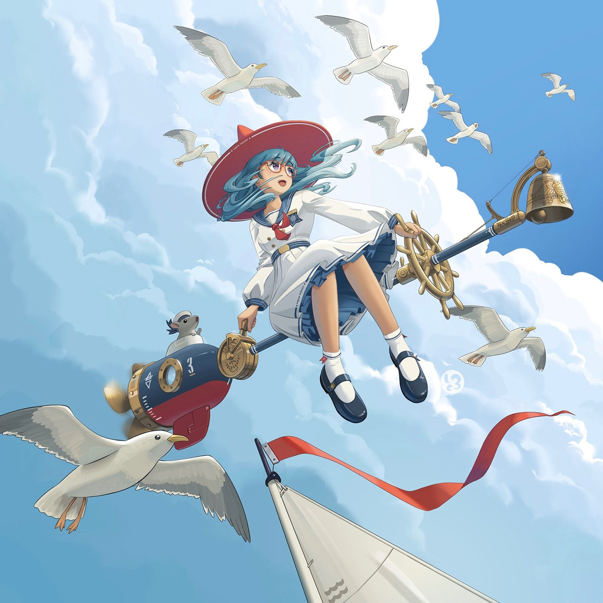 A witch flying on a nautical broom