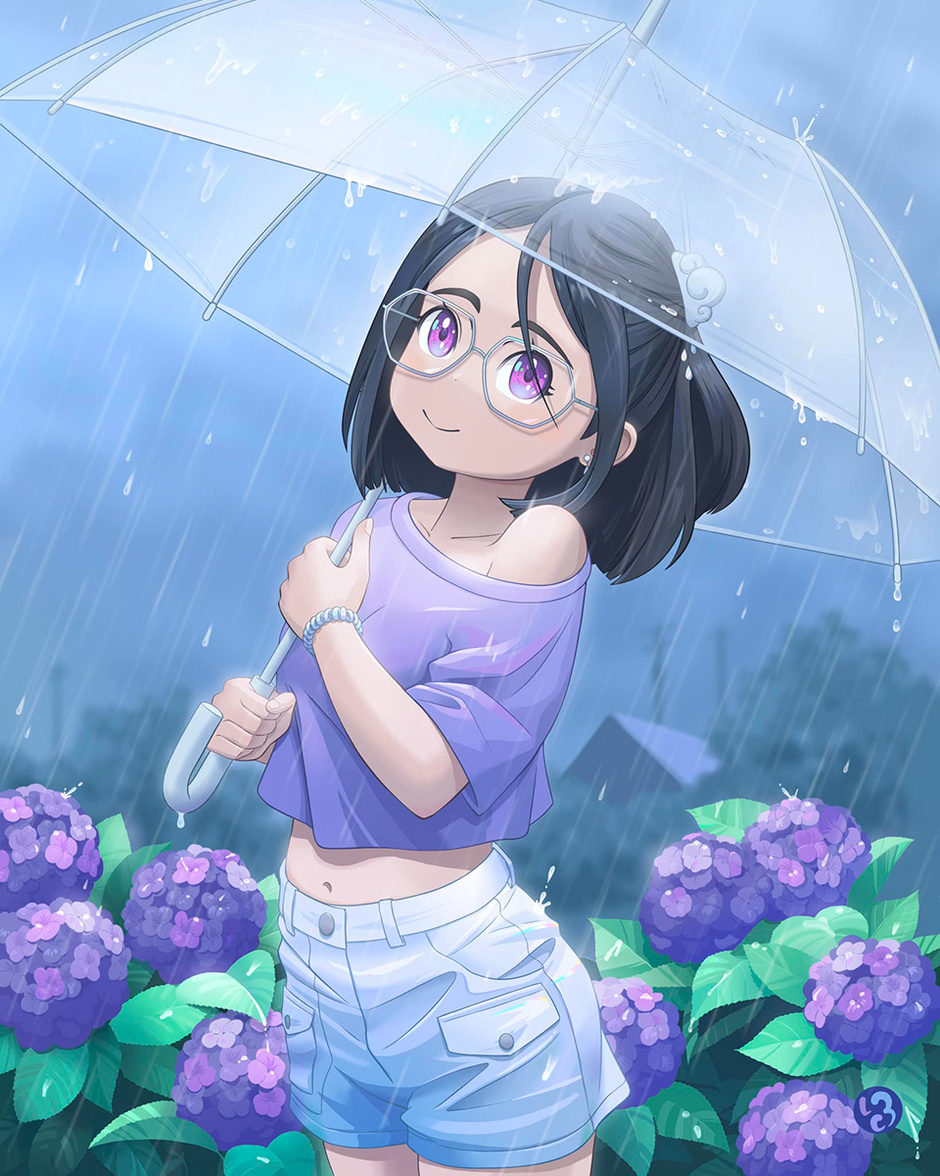 A woman holding an umbrella in the rain, standing in front of hydrangeas.